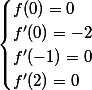 \begin{cases}f(0)=0\\f'(0)=-2\\f'(-1)=0\\f'(2)=0\end{cases}